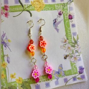 Handmade orange and pink flower earrings